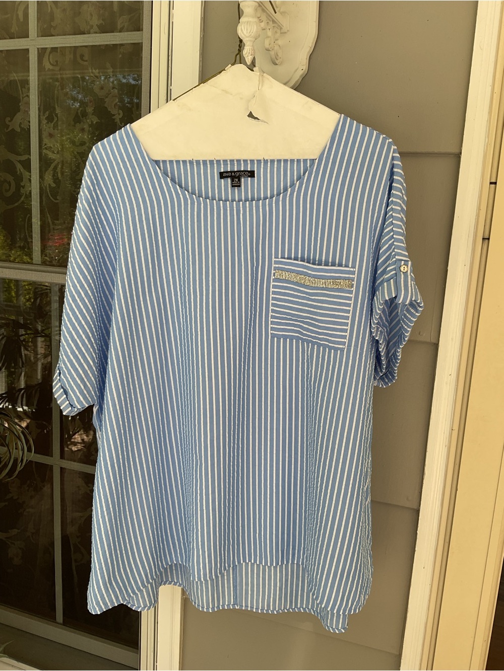 Ava & Grace Women’s Short Sleeve Tunic Blue Striped Sz 2x Top Bling Pocket EUC